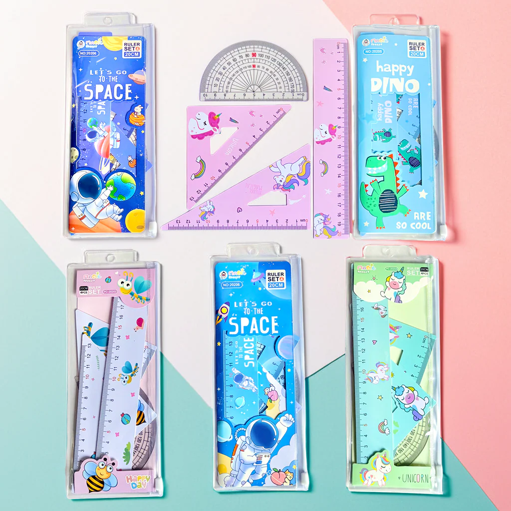 NIYO TOYS Return Gift ruler sets with colorful space, dinosaur, bee, and unicorn designs for kids
