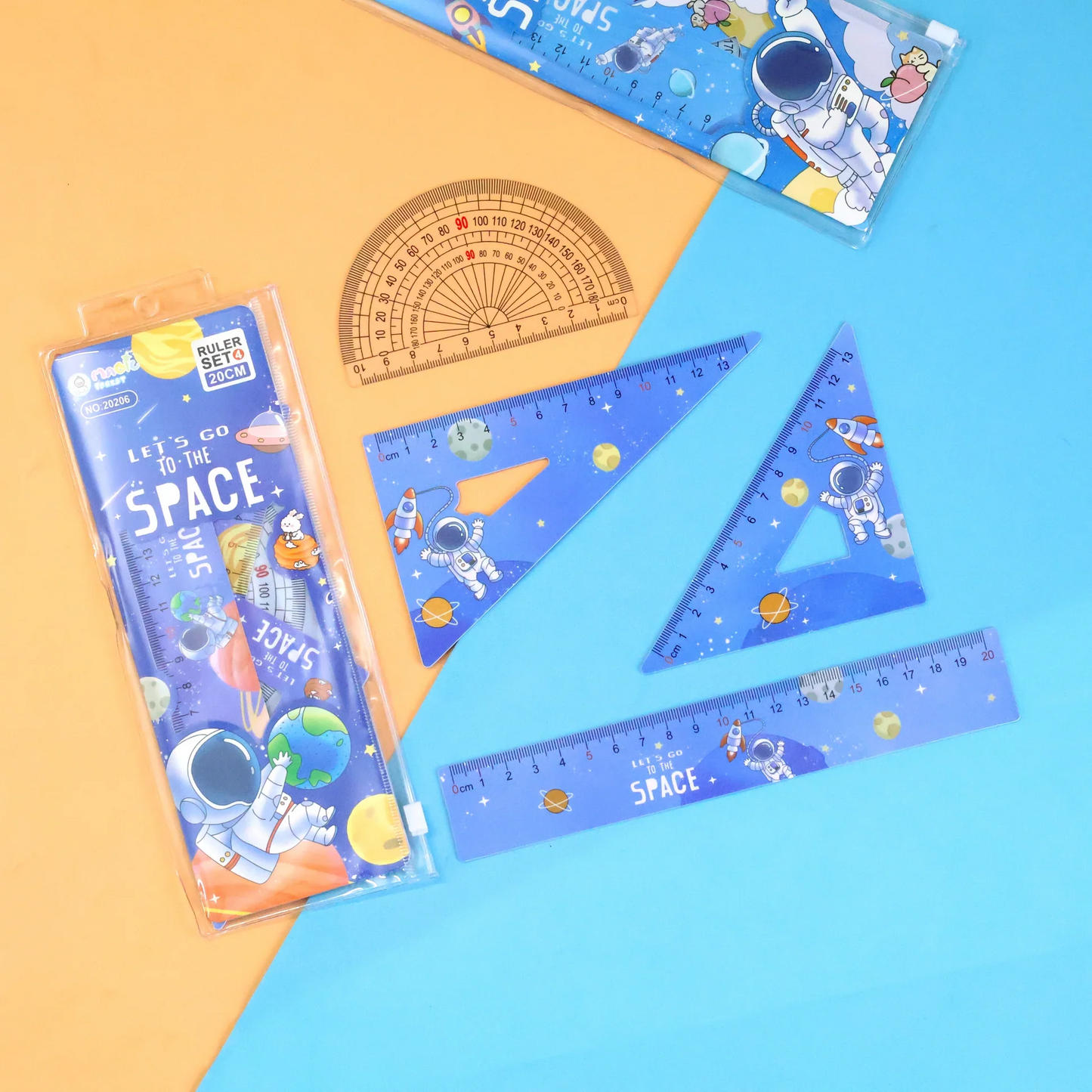 NIYO TOYS space-themed return gift set with ruler, protractor, and triangle rulers in blue