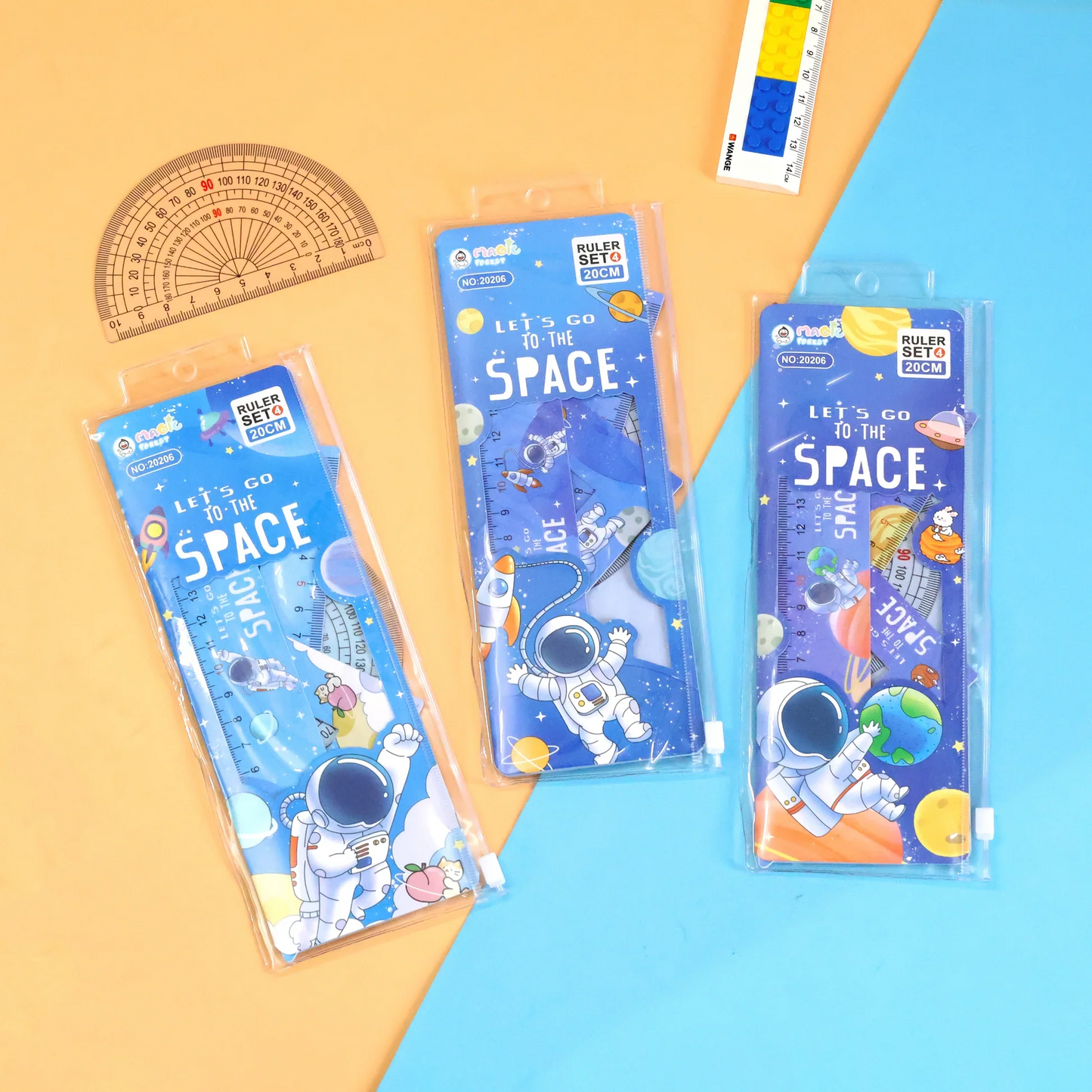 NIYO TOYS space-themed ruler sets with astronaut and planet designs in blue packaging return gift