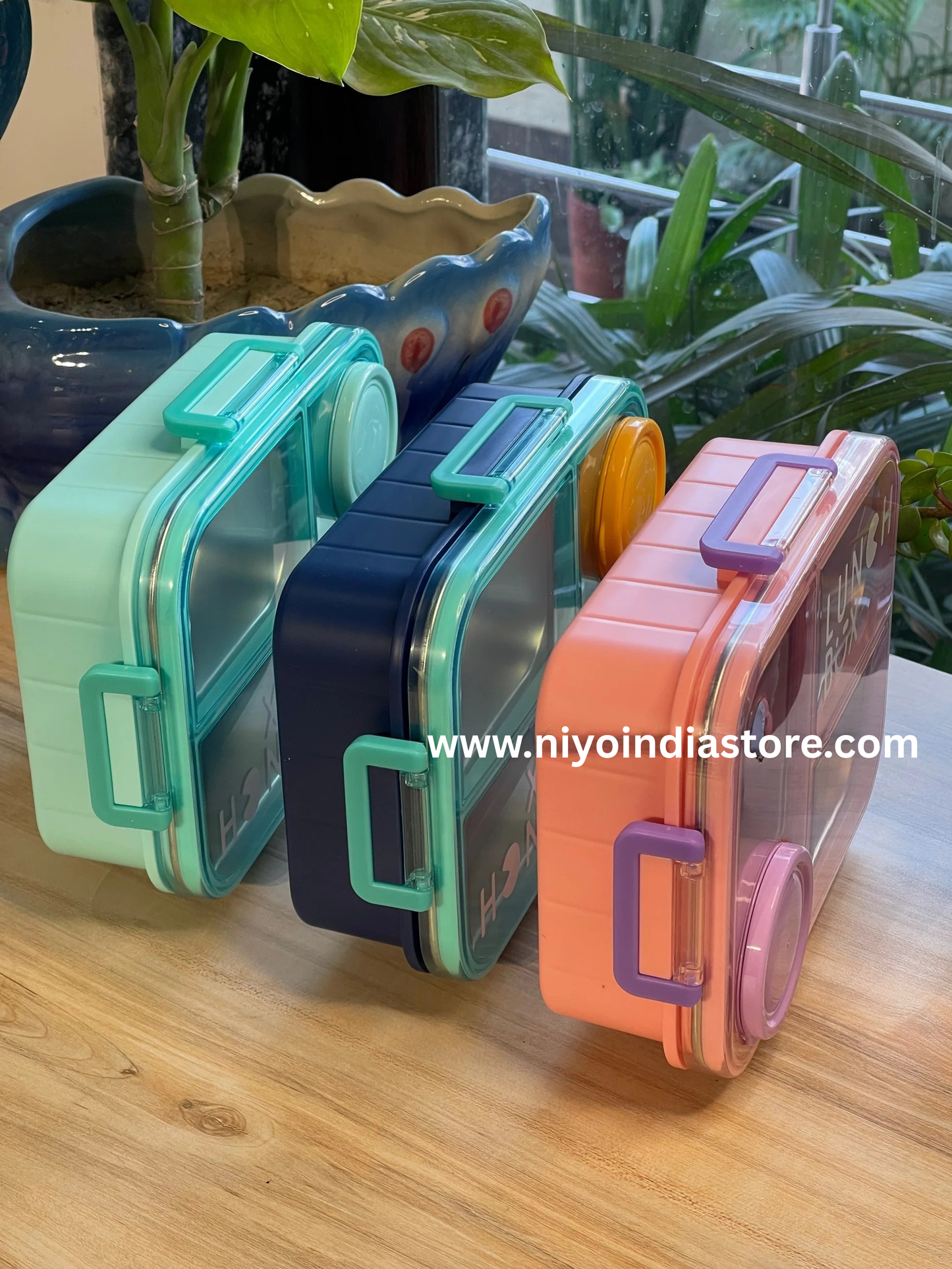 Colorful NIYO TOYS lunch boxes in mint green, navy blue, and coral for kids age 3+ for school lunches
