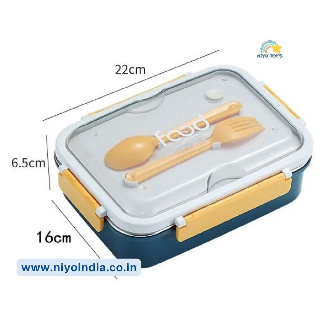 NIYO TOYS leakproof stainless steel lunch box with spoon and fork, ideal for school and work meals