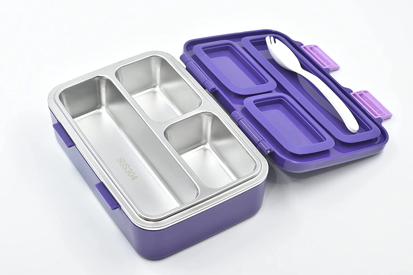 Purple space theme lunch box for kids with multiple compartments and a fork included