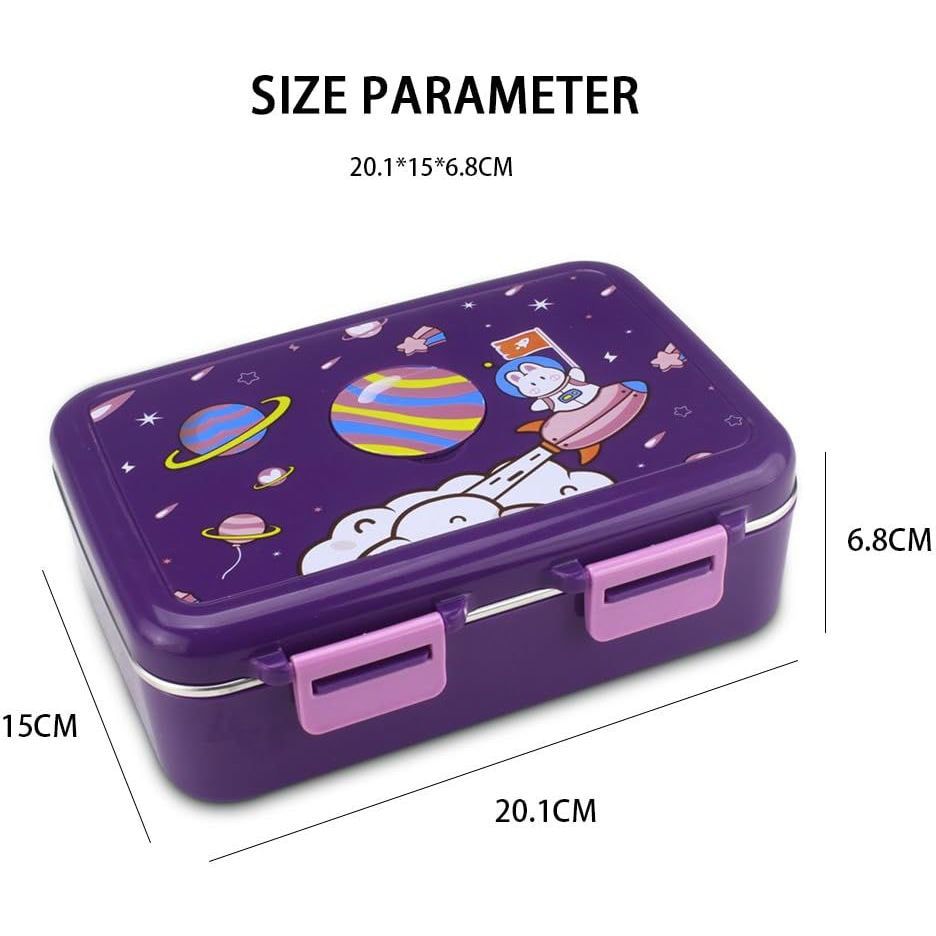 Purple space theme lunch box for kids featuring planets and a cute astronaut design