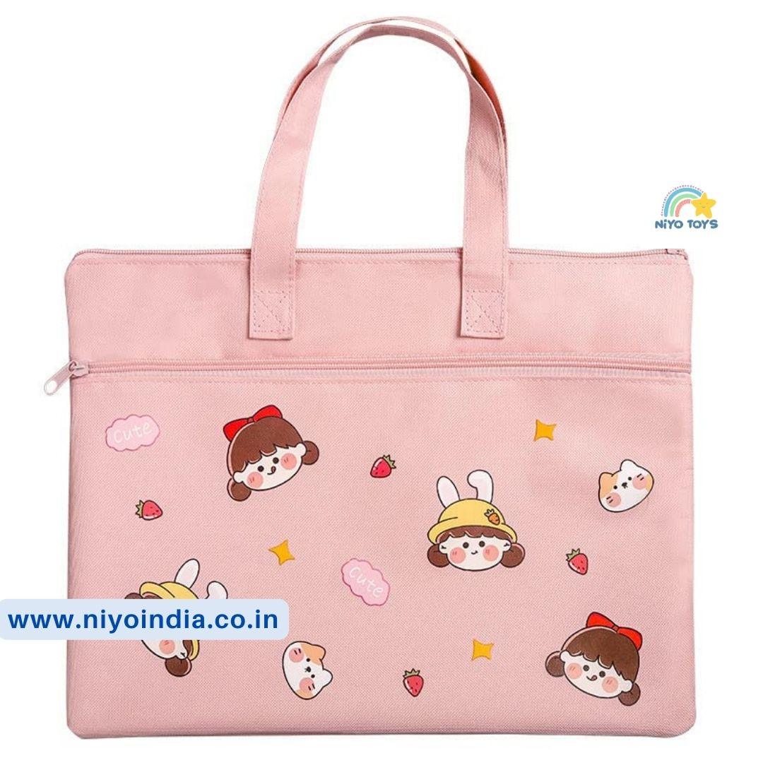 Niyo Tote Bag for Shopping in pink with cute character illustrations and a zippered pocket
