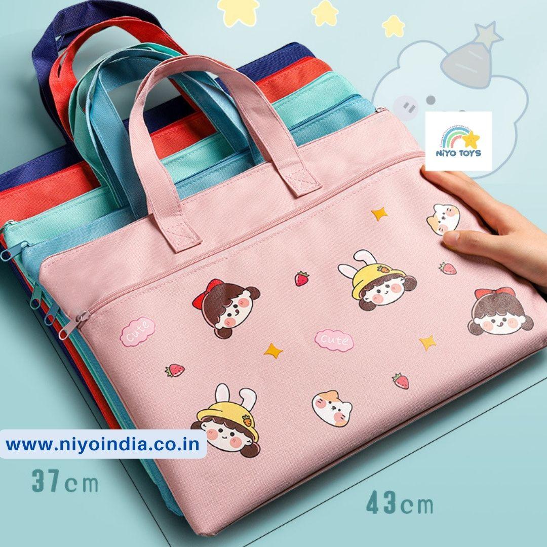 Niyo Tote Bag for Shopping in Pink with Cute Characters and Zipper Closure