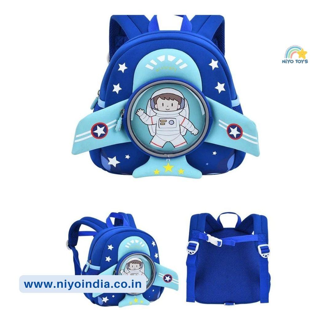 NIYO TOYS 3D airplane backpack for kids featuring an astronaut design and adjustable straps