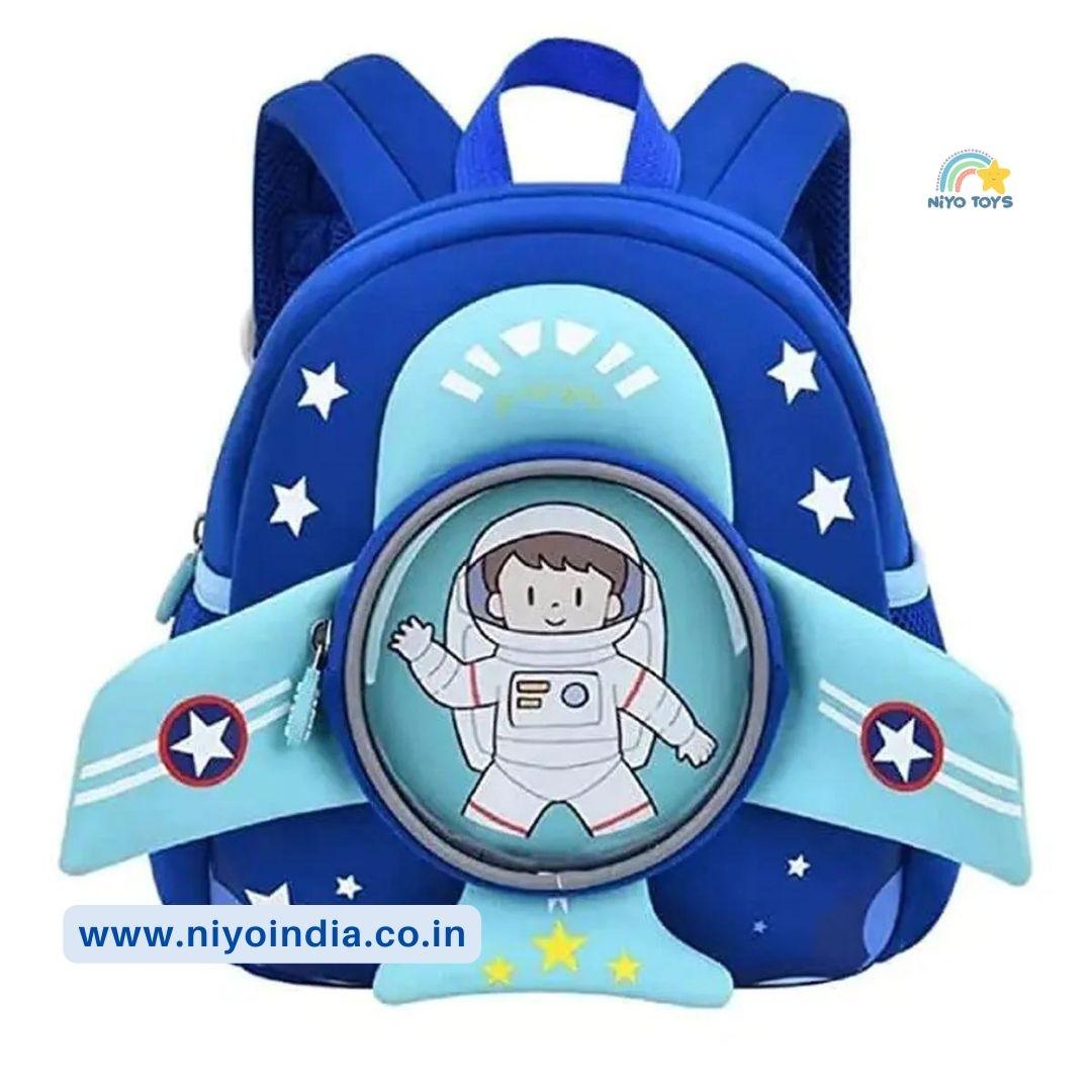 NIYO TOYS 3D airplane backpack for kids featuring a cute astronaut design and vibrant blue color