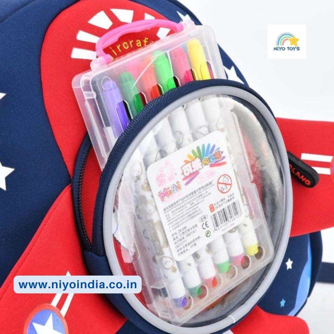NIYO TOYS 3D airplane backpack for kids featuring a clear pocket for art supplies and colorful design