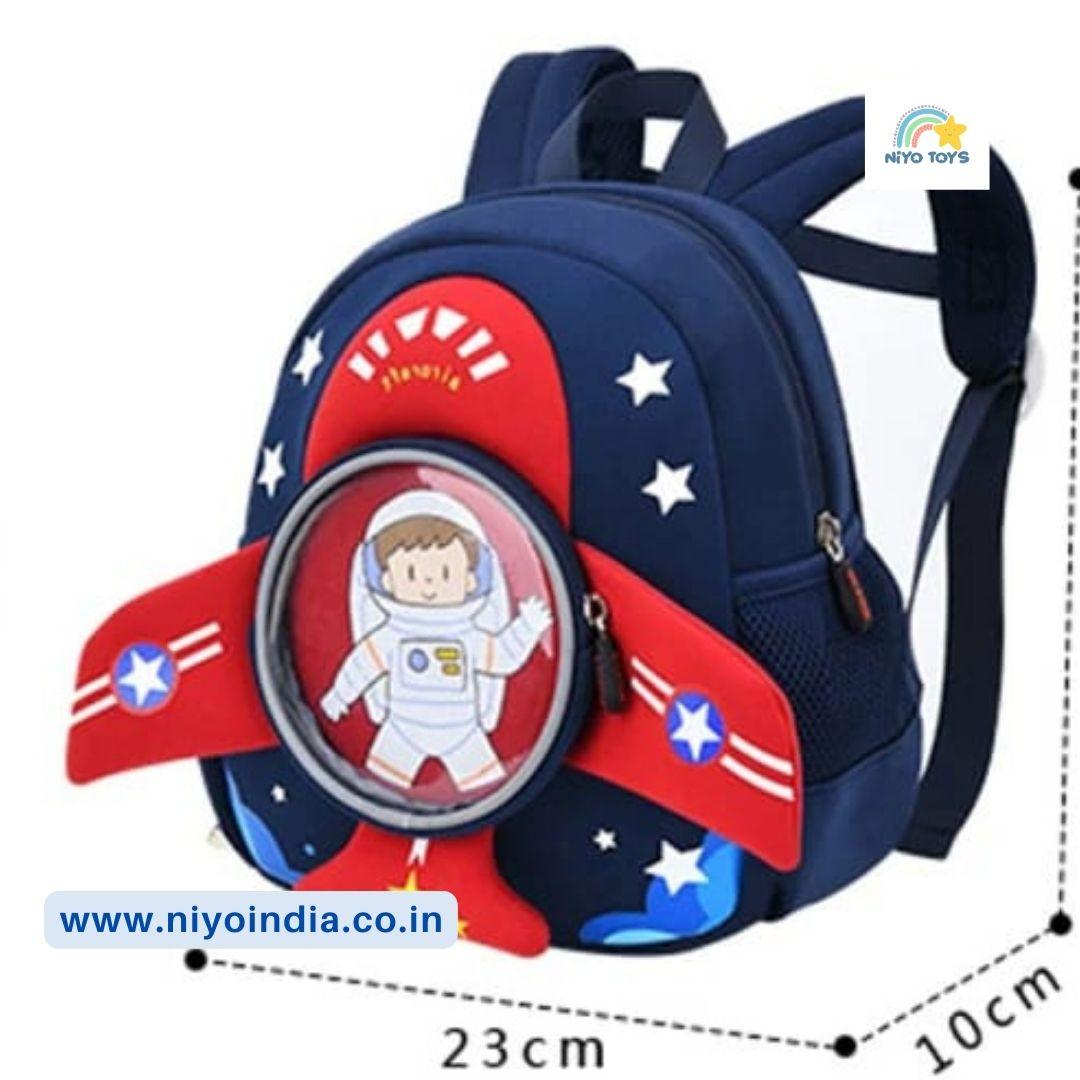 NIYO TOYS 3D airplane backpack for kids in blue with astronaut design and red rocket details