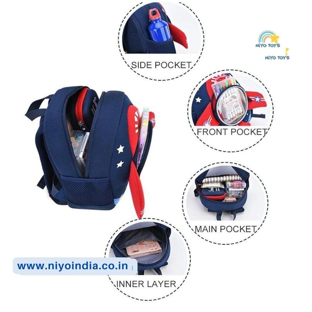 NIYO TOYS 3D airplane backpack for kids with multiple pockets and compartments for organized storage