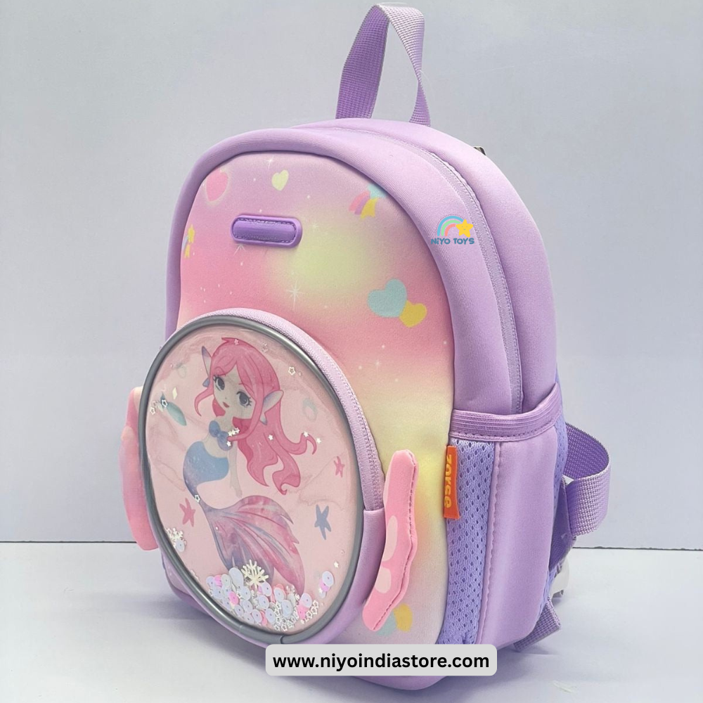 NIYO TOYS 3D unicorn backpack for kids in pastel purple with cute mermaid design