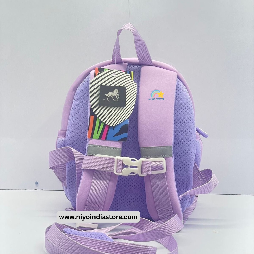 Cute 3D unicorn backpack for kids in purple with colorful straps and adjustable buckles
