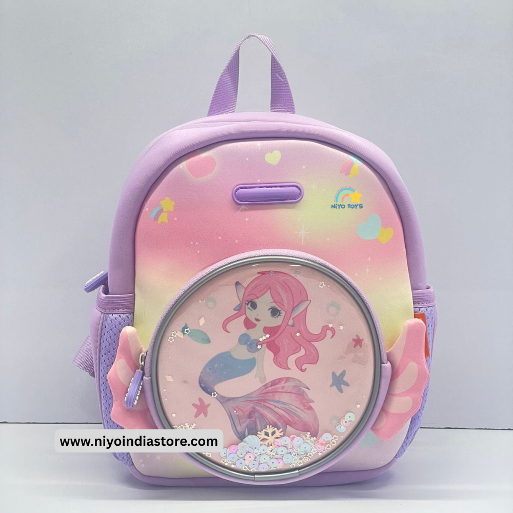 Cute 3D unicorn backpack for kids with a mermaid design and adjustable straps
