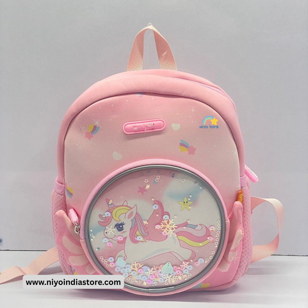 NIYO TOYS 3D unicorn backpack for kids in pink with playful design and clear front pocket