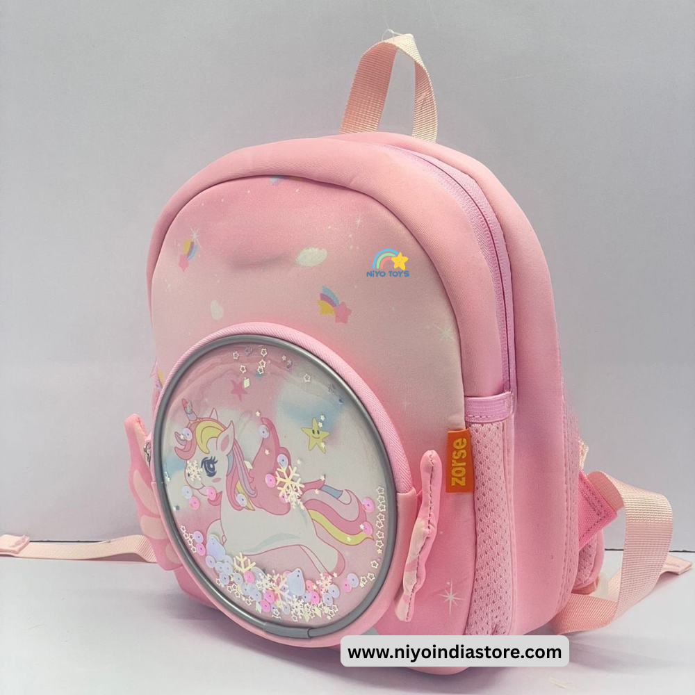 NIYO TOYS 3D unicorn backpack for kids in pink with colorful graphics and a round front pocket