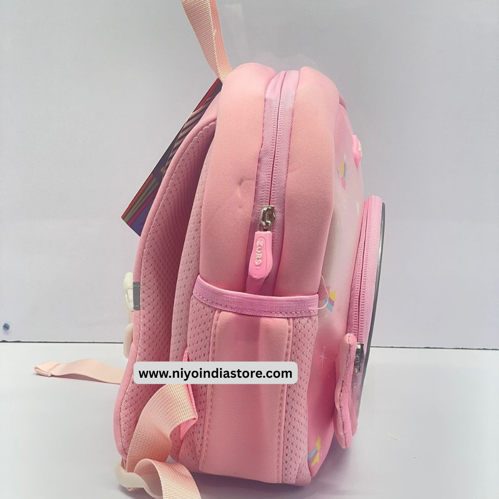 Side view of a pink 3D unicorn backpack for kids with colorful designs and adjustable straps