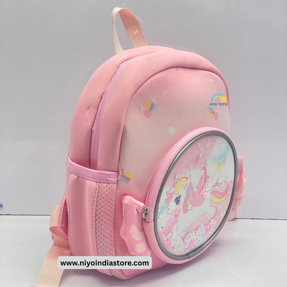 NIYO TOYS 3D unicorn backpack for kids in pink with colorful design and zipper closure