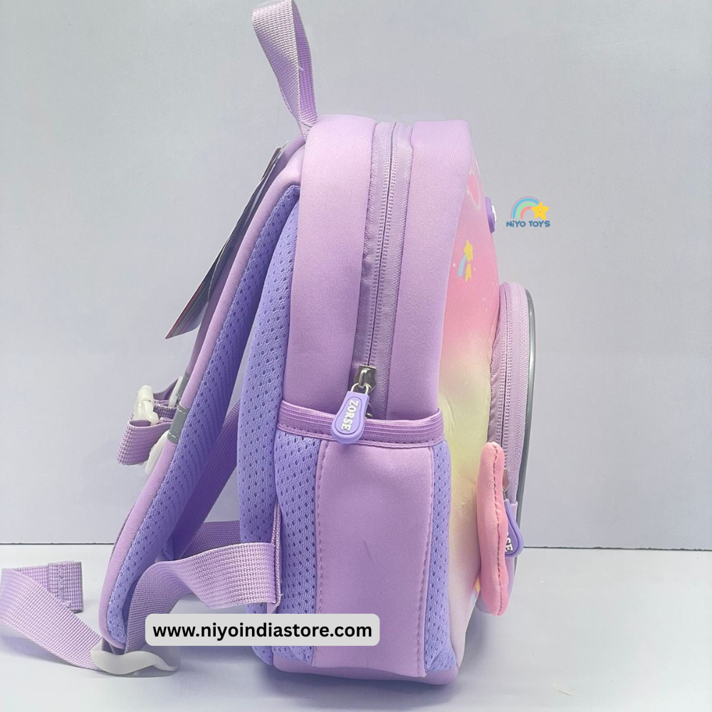 Side view of a 3D unicorn backpack for kids featuring playful colors and ergonomic design
