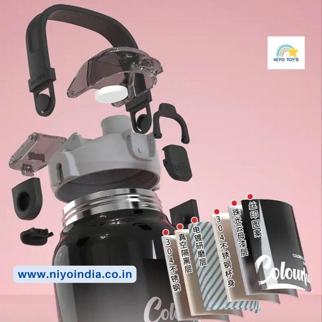 620ml double drink bottle from NIYO TOYS with black exterior and detailed exploded view of parts