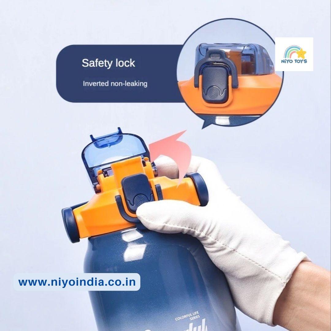 NIYO TOYS 620ml double drink bottle with safety lock and non-leaking inverted lid in blue and orange