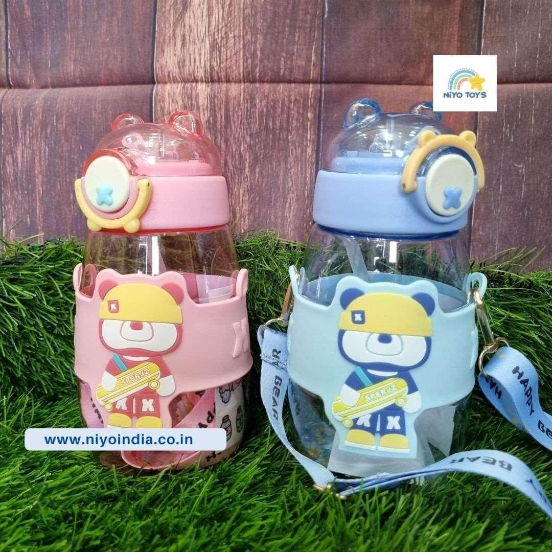 NIYO TOYS colorful birthday return gift water bottle in pink and blue with cute bear design