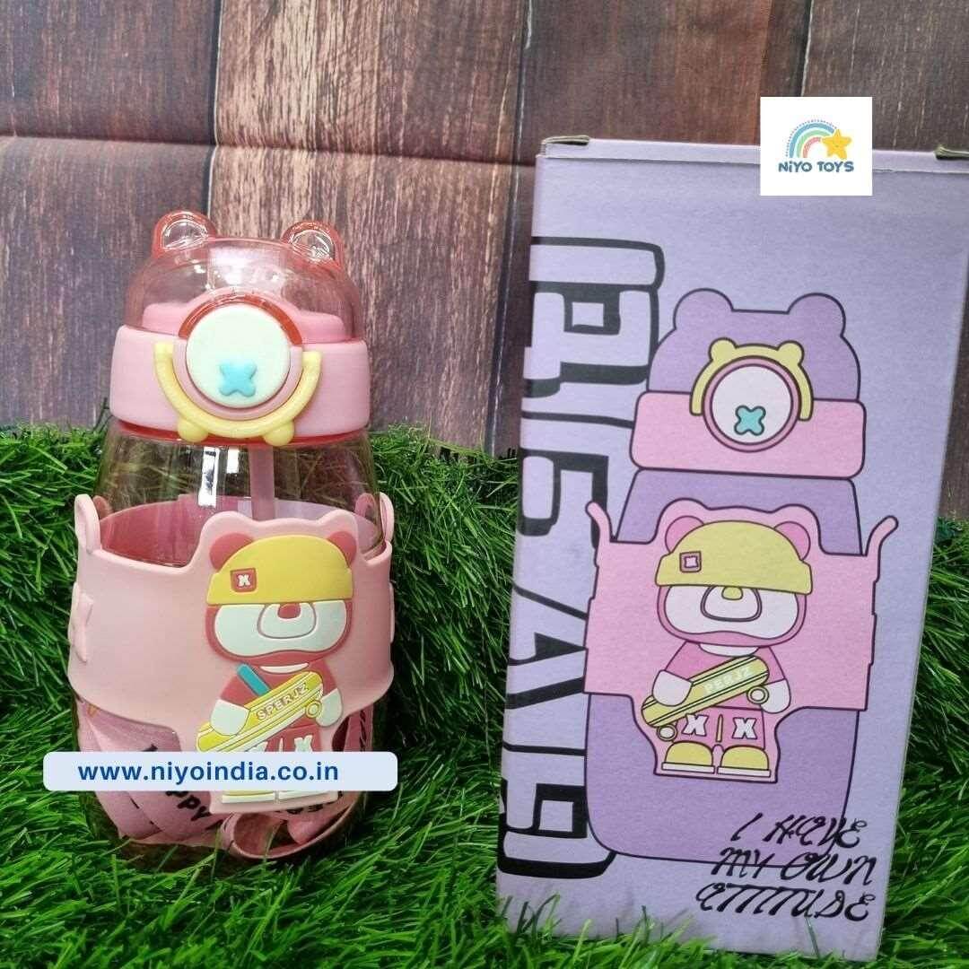 Cute NIYO TOYS birthday return gift water bottle with bear design and protective sleeve