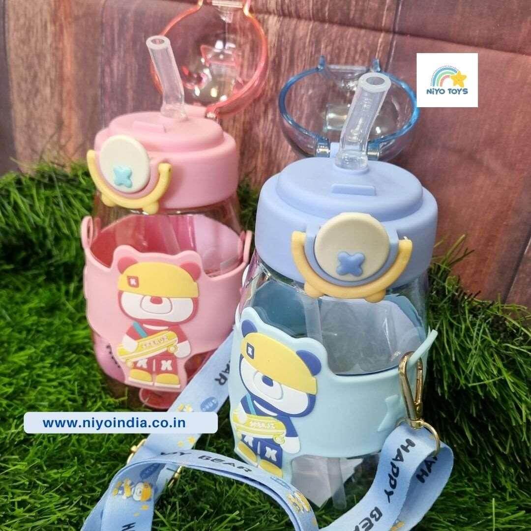 Colorful NIYO TOYS birthday return gift water bottle with cute bear design and straw