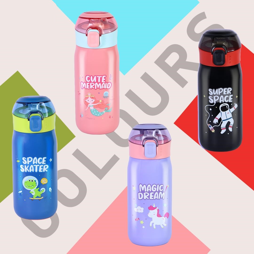 Durable kids hydration bottles in various fun designs including mermaid and space themes
