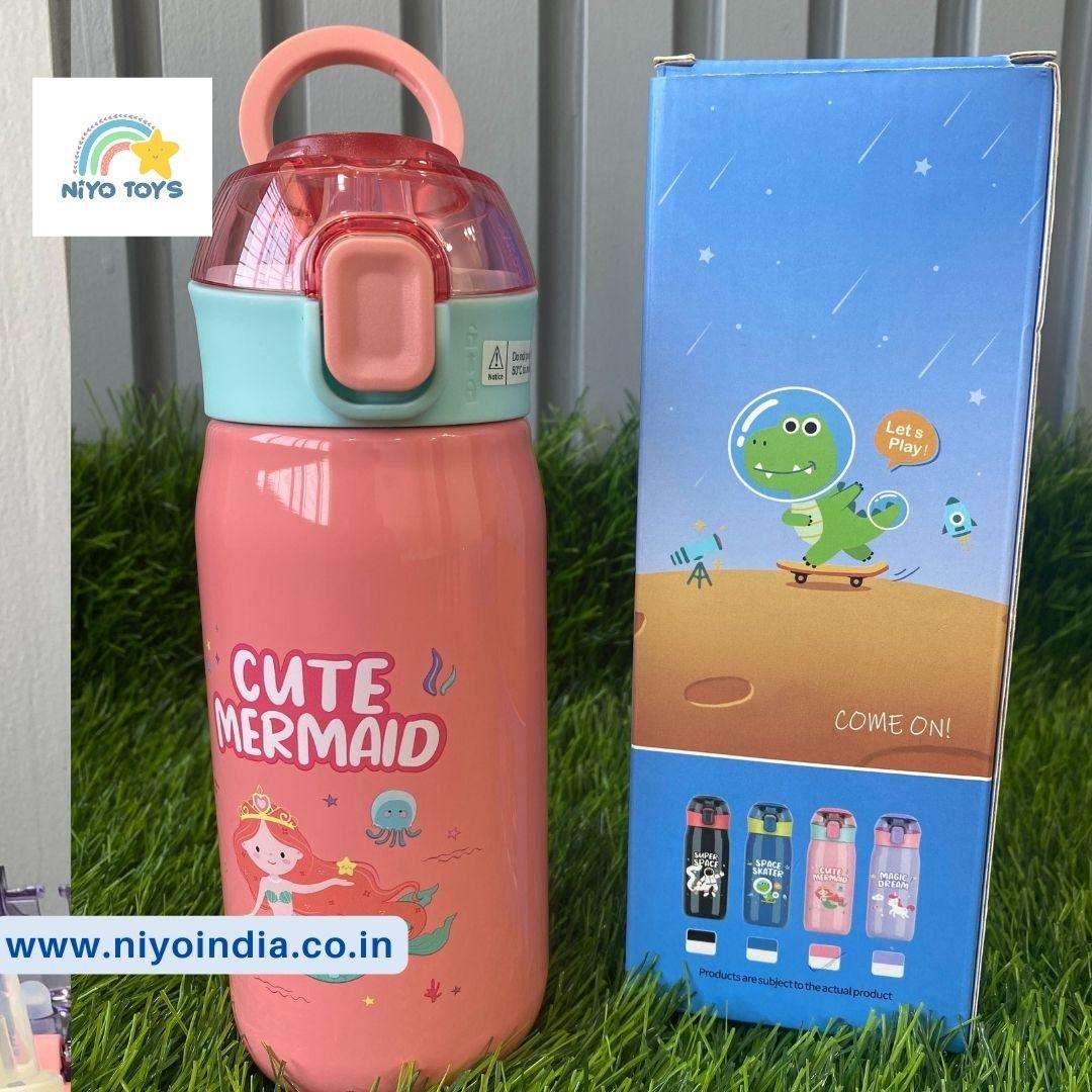 Durable kids hydration bottles with cute mermaid design and matching packaging for fun hydration