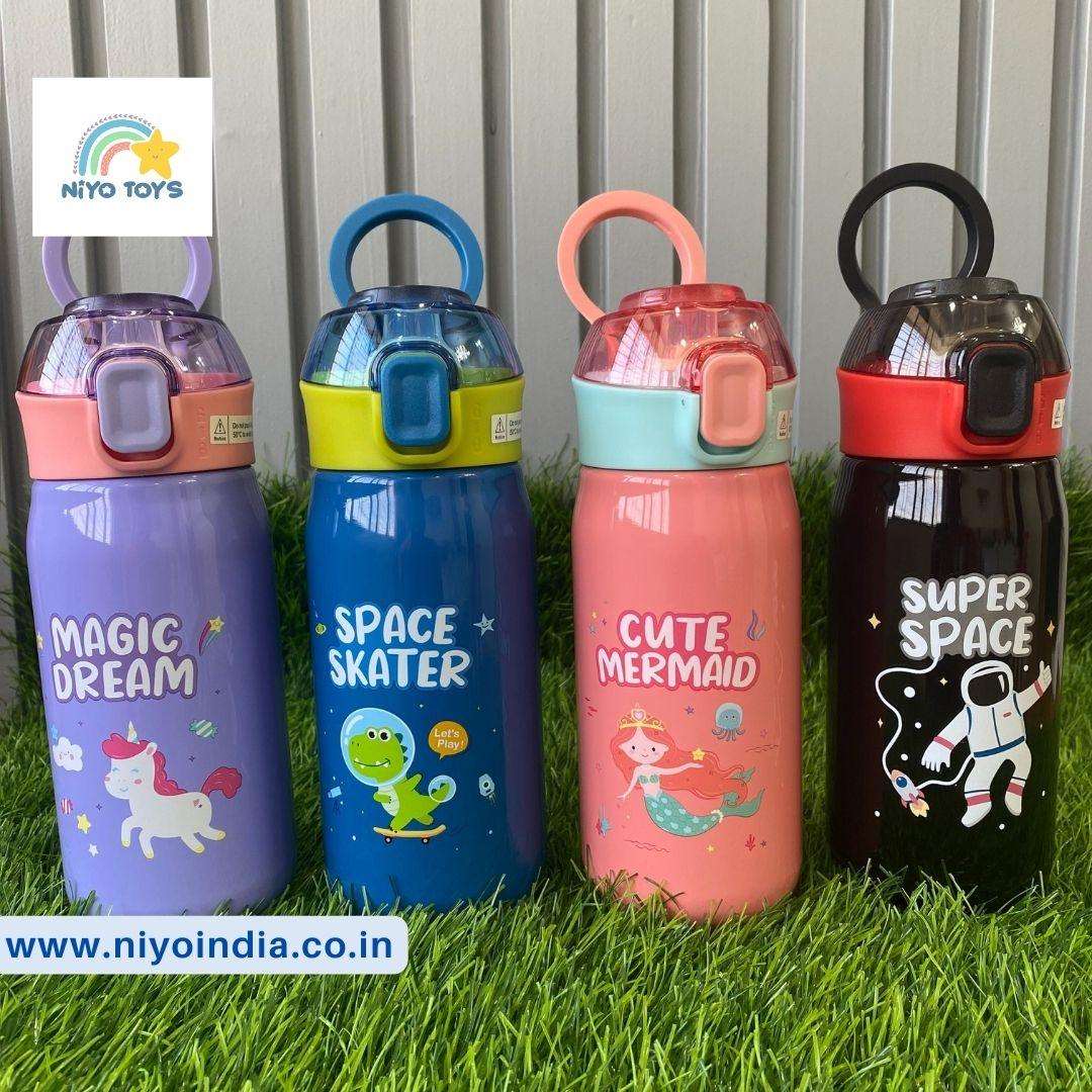 Durable kids hydration bottles in various colors featuring fun designs like unicorns and astronauts