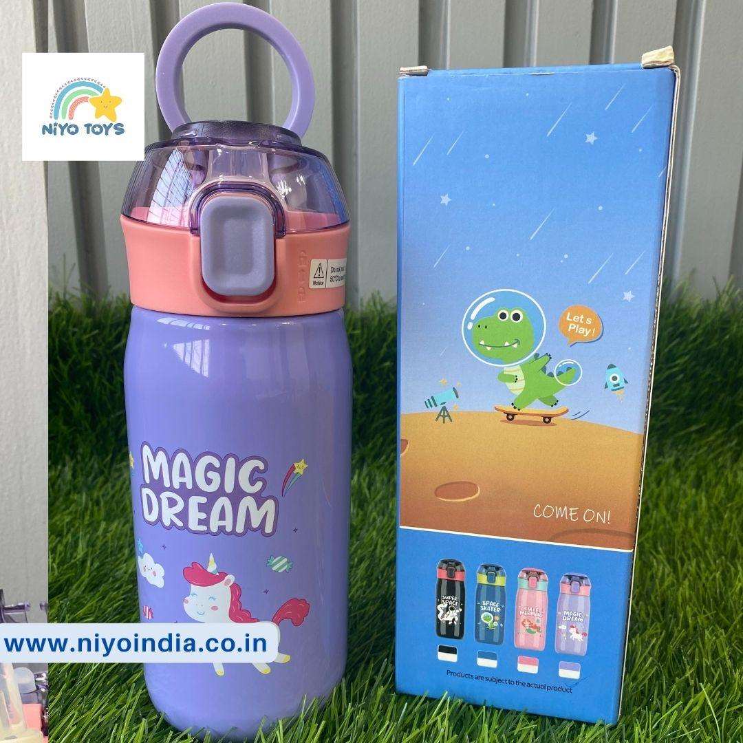 NIYO TOYS Durable kids hydration bottles in purple with unicorn design and flip-top lid