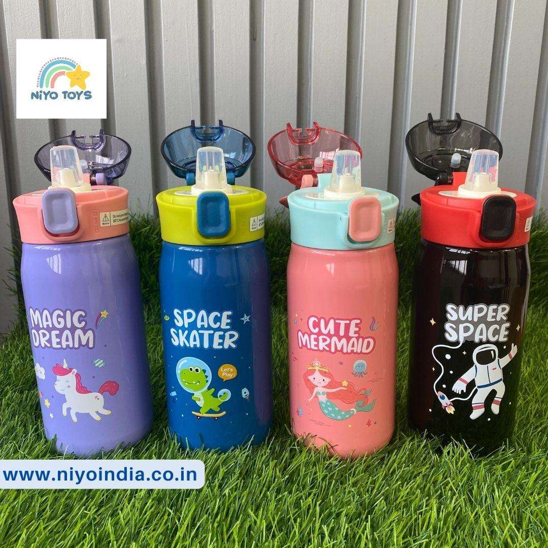 Colorful NIYO TOYS durable kids hydration bottles featuring fun designs like unicorn, mermaid, and astronaut