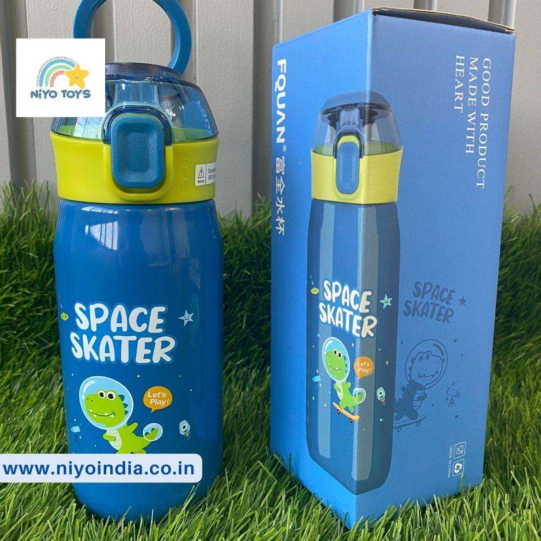 NIYO TOYS durable kids hydration bottles in blue with fun space skater design and a secure flip-top lid