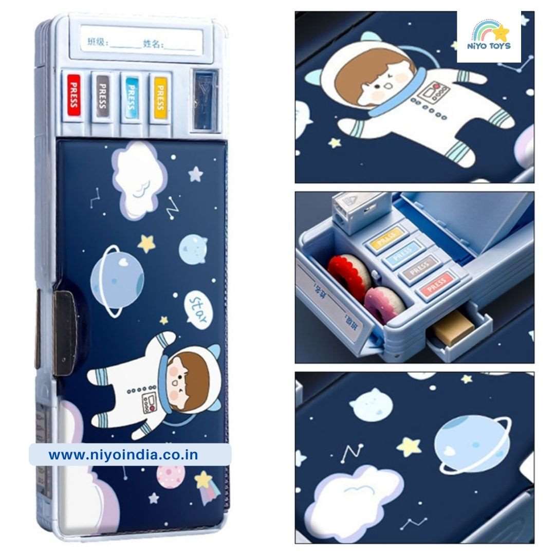 NIYO TOYS astronaut-themed pencil box with colorful compartments for educational school supplies kids