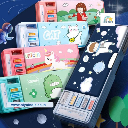 Colorful NIYO TOYS pencil boxes featuring cartoon designs, perfect educational school supplies kids.