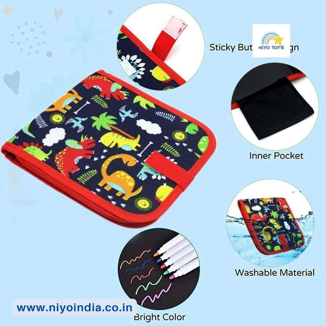NIYO TOYS erasable doodle book for kids featuring colorful designs, washable material, and inner pocket