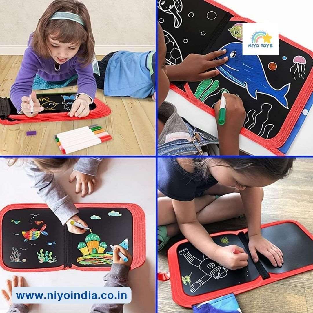 Children using an erasable doodle book for kids with colorful markers for creative drawing activities