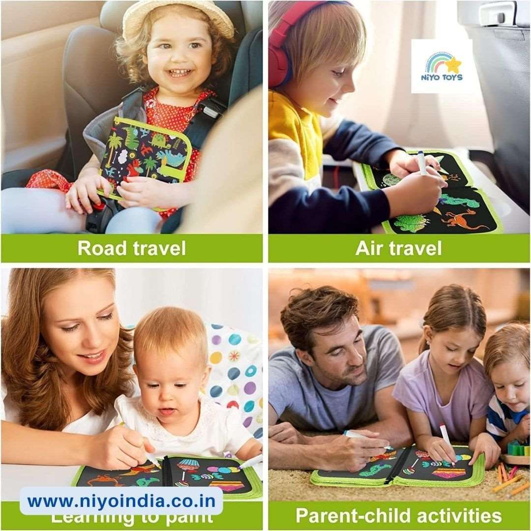Erasable doodle book for kids used during road and air travel for fun learning activities
