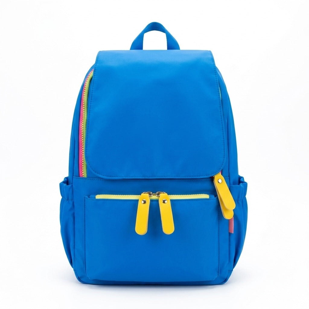 Blue NIYO TOYS backpack with colorful zippers, perfect as a gift hamper idea for kids age 3 and up.