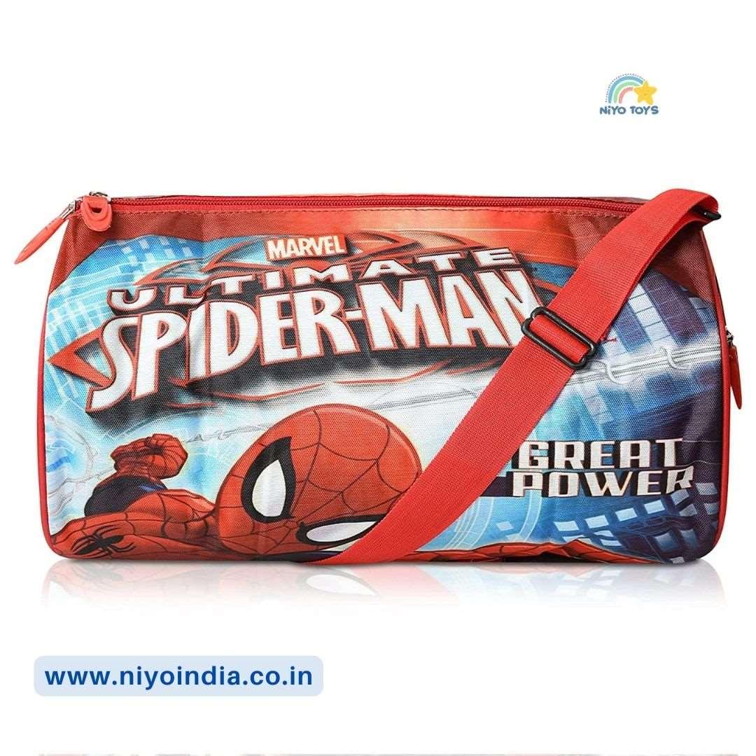 Red NIYO TOYS kids duffle bag gift featuring Spider-Man design and adjustable shoulder strap