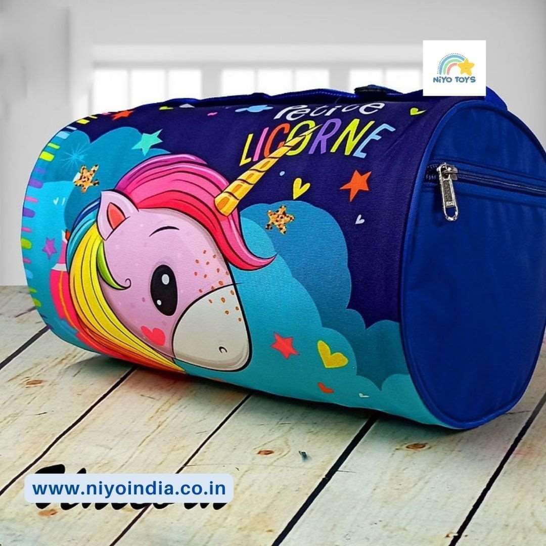 NIYO TOYS kids duffle bag gift featuring a colorful unicorn design for on-the-go fun