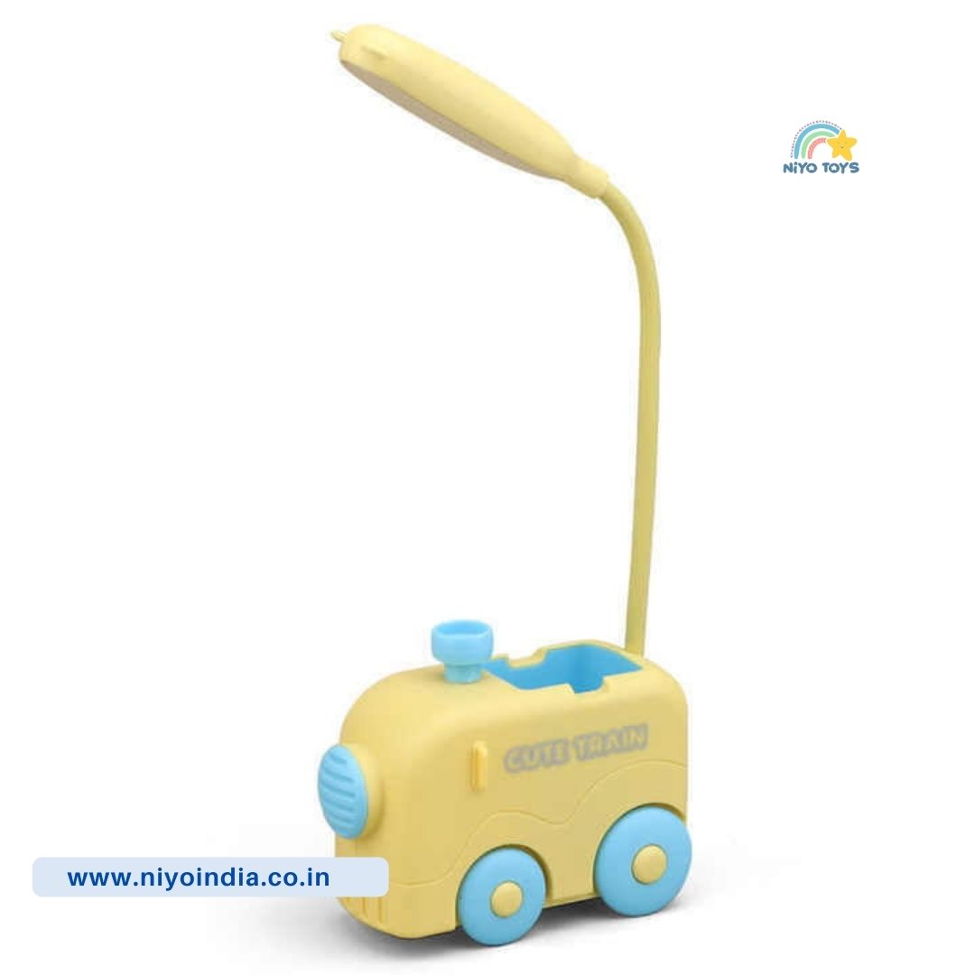 NIYO TOYS kids train table lamp in yellow with flexible neck for children's rooms