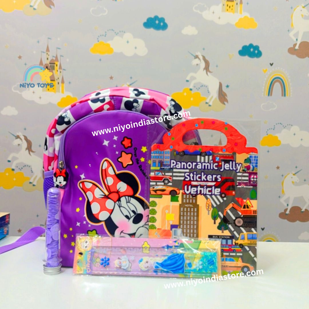 Mini Mouse rakhi hamper for kids by NIYO TOYS with backpack, jelly stickers, and rakhi set