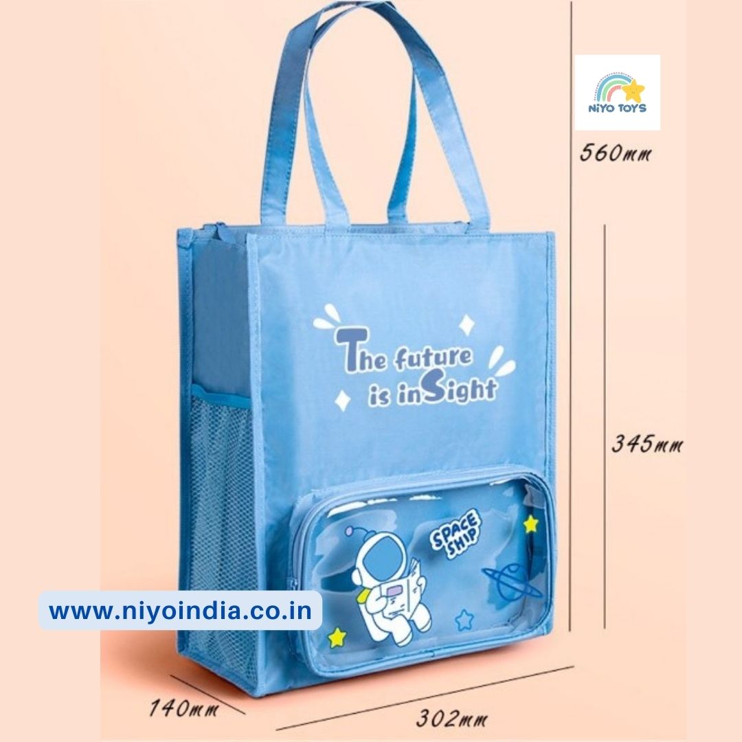 NIYO TOYS multi-purpose kids tote bag in blue with spaceship design and mesh side pocket