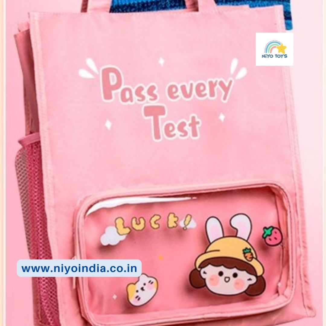 NIYO TOYS multi-purpose kids tote bag in pink with cute designs and text for school or outings