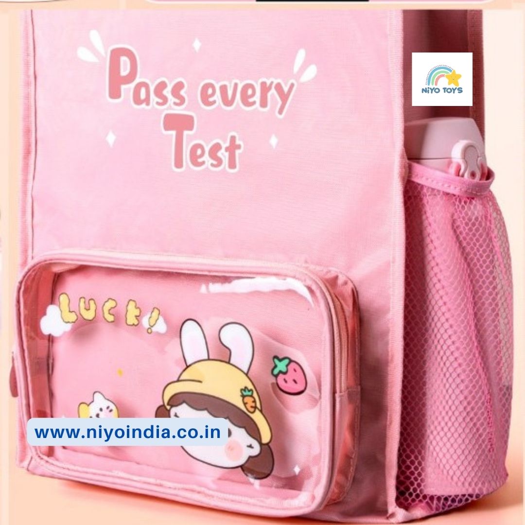 NIYO TOYS multi-purpose kids tote bag in pink with cute cartoon designs and mesh side pocket