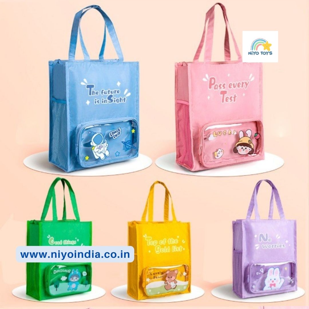 Colorful multi-purpose kids tote bag collection by NIYO TOYS with fun designs and clear pockets