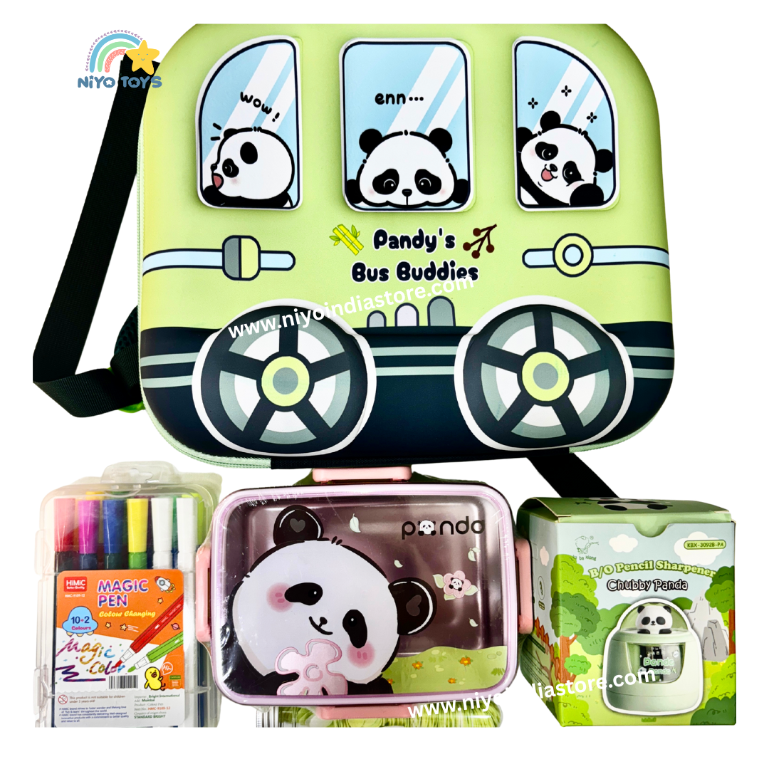 NIYO TOYS panda-themed hamper set with colorful magic pens, panda lunch box, and pencil sharpener