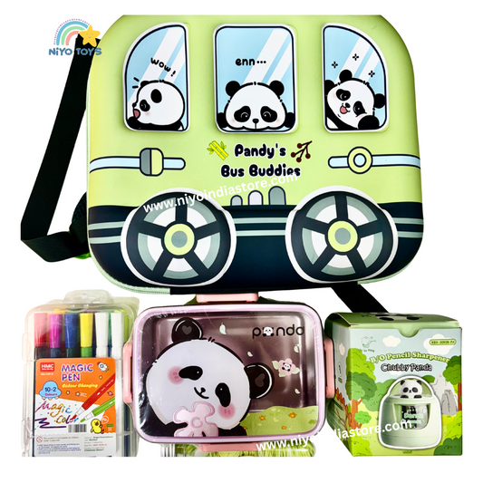 NIYO TOYS panda-themed hamper set with colorful magic pens, panda lunch box, and pencil sharpener