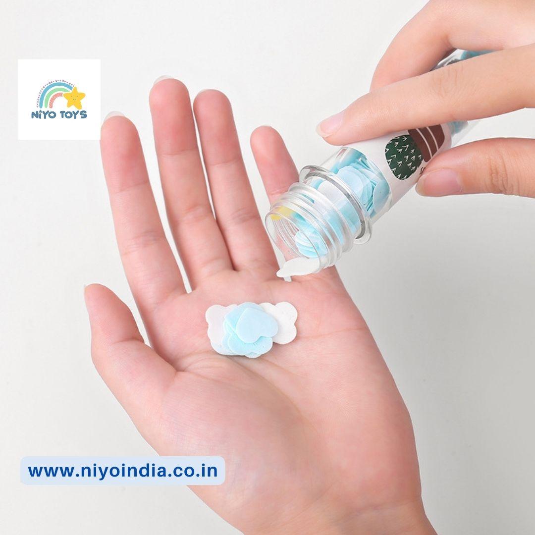 NIYO TOYS Portable Disposable Paper Soap in a Hand with Flower Shape for On-the-Go Cleaning